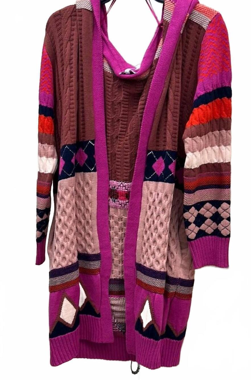 NEW FATE women's fairisle open hooded cardigan in pink multi